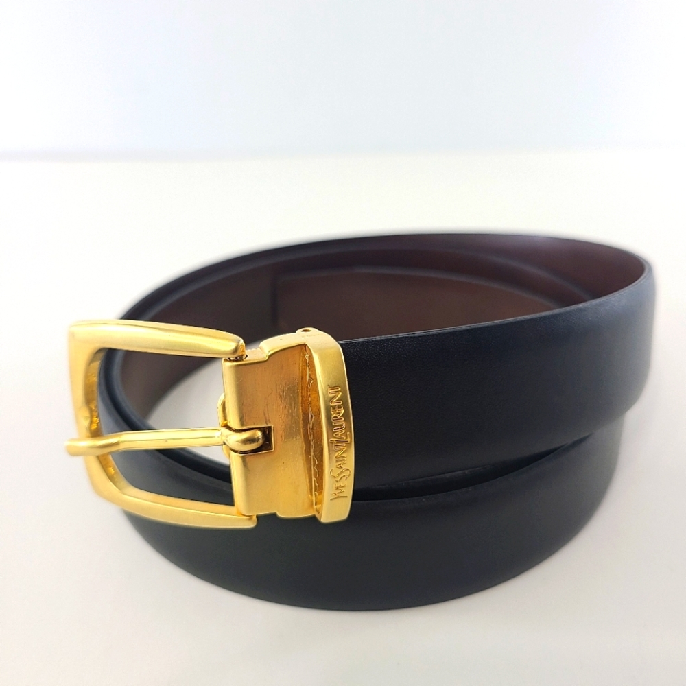 Yves Saint Laurent Belt Smooth Leather Black Goldtone YSL Size 40 100CM Unisex - Picture 1 of 8